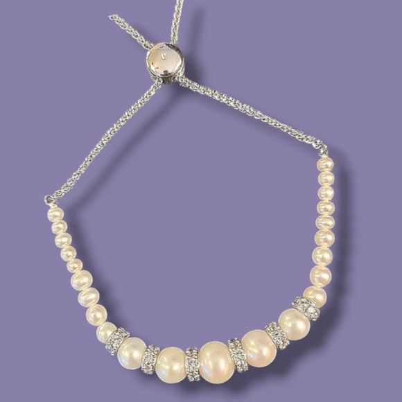 Bracelet Simulated Pearl with Silver & Crystal Embellished Separators - Picture 3 of 10